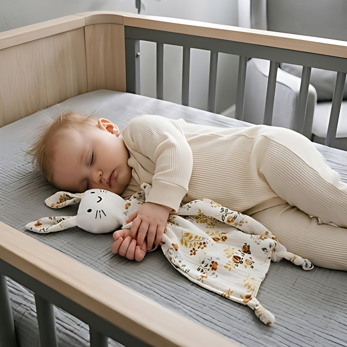 Bébé endormi dans son lit avec un doudou lapin à motif fleuri, cadeau de naissance