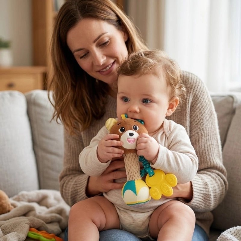 Maman qui tient son bébé sur les genoux pendant qu'il découvre son hochet en tissu