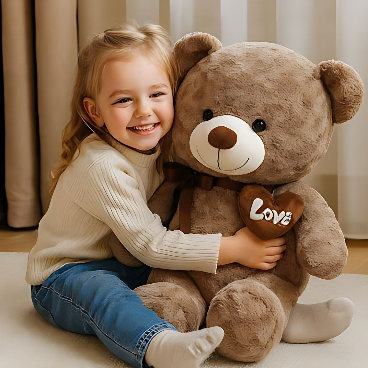 Petite fille souriante serrant un ours en peluche géant ultra-doux avec cœur Love, idéal cadeau naissance