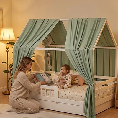 Ciel de lit cabane vert sauge dans une chambre d'enfant au style nature