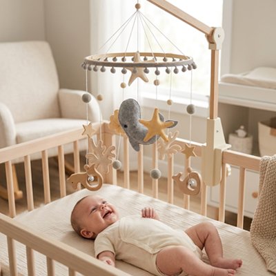 Mobile bébé musical bois naturel avec projection étoiles et mélodies douces - Bébé Petit Nuage