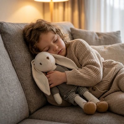 Poupée lapin en tissu posée dans une chambre d'enfant à la déco nature