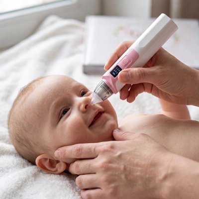 Bébé allongé, gros plan sur l'utilisation de la mouche bébé électronique près du nez