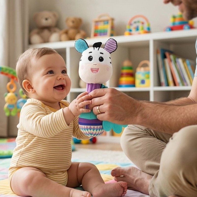 Bébé assis qui attrape un hochet peluche zèbre tendu par un adulte dans une salle de jeux