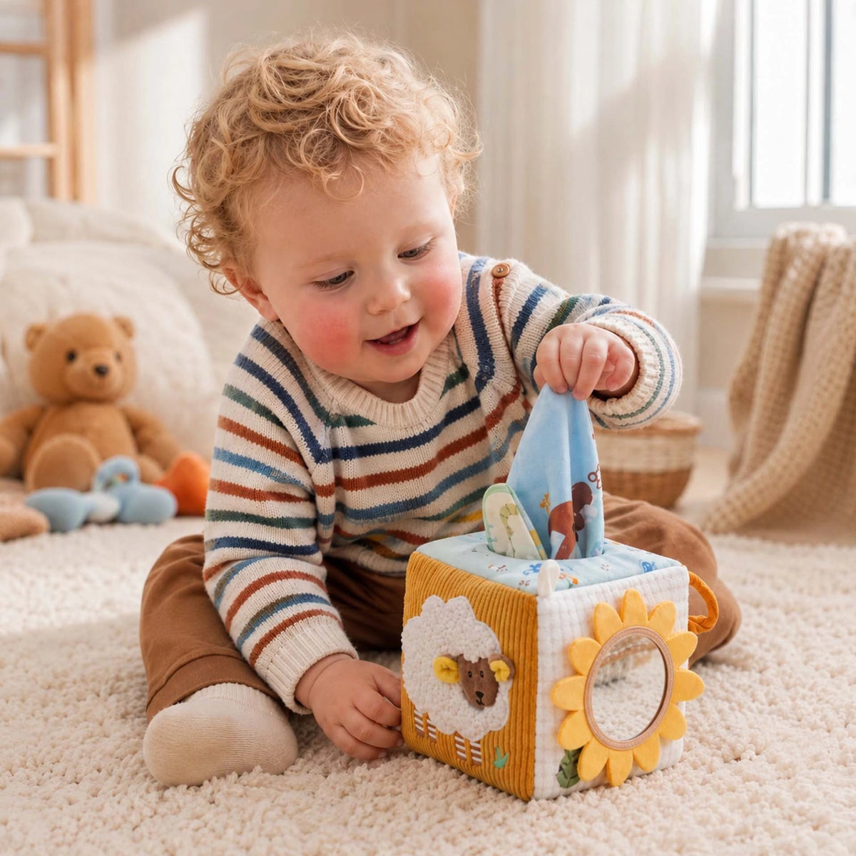 Bébé assis sur un tapis qui explore un cube d'activité en tissu dans sa chambre