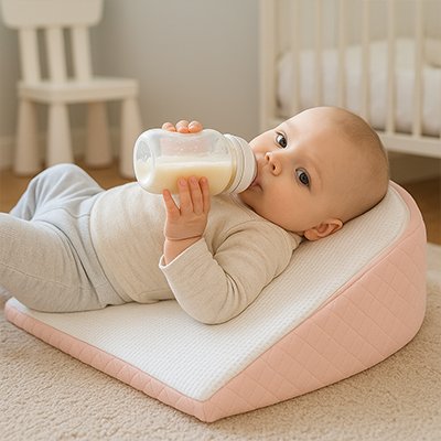Bébé dormant paisiblement sur plan incliné anti-reflux rose