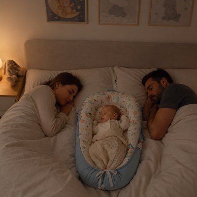 Bébé heureux dans réducteur de lit cocon