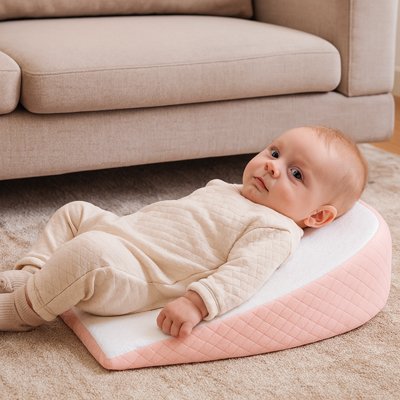 Bébé nouveau-né allongé sur coussin incliné blanc crème