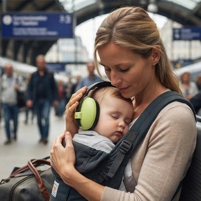 Bébé portant un casque anti-bruit turquoise dans les bras de sa maman en gare