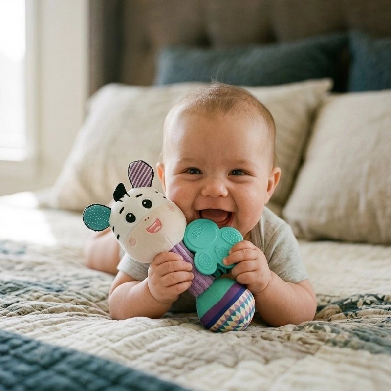 Bébé souriant allongé sur une couverture qui joue avec un hochet peluche éléphant turquoise