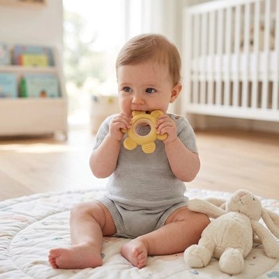 Bébé tenant un anneau de dentition pour soulager les gencives