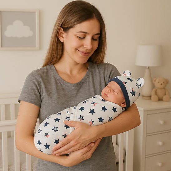Couverture emmaillotage bébé étoiles bleues lit