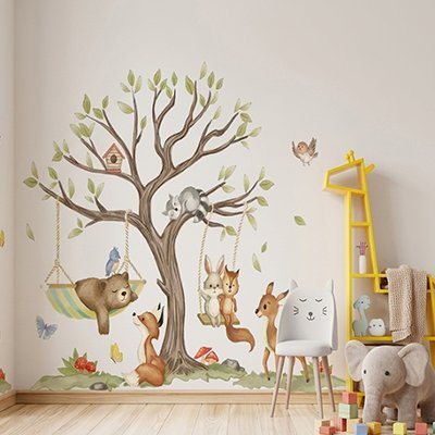 Décoration murale arbre enchanté écureuil et faon chambre bébé - Bébé Petit Nuage