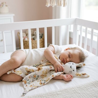 Bébé endormi dans son lit serrant un doudou lapin fleuri en coton certifié Oeko-Tex