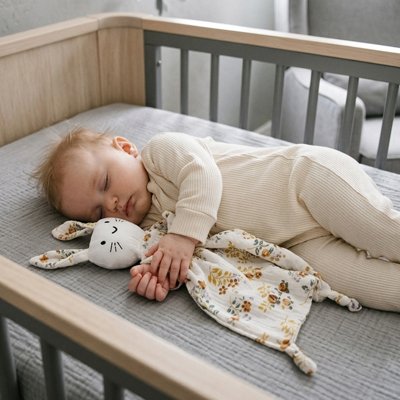 Bébé endormi dans son lit avec un doudou lapin fleuri personnalisé prénom brodé, cadeau naissance