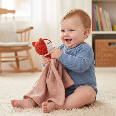 Bébé souriant tenant un doudou renard au crochet avec une lange rose douce, cadeau naissance