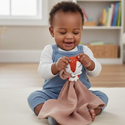 Bébé souriant assis tenant un doudou renard au crochet avec une lange rose douce, idéal cadeau naissance