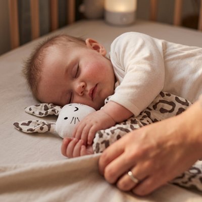 Bébé nouveau-né endormi paisiblement avec son doudou lapin léopard, main de parent posée à côté