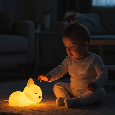 Enfant avec veilleuse renard silicone souple lumière apaisante chambre bébé