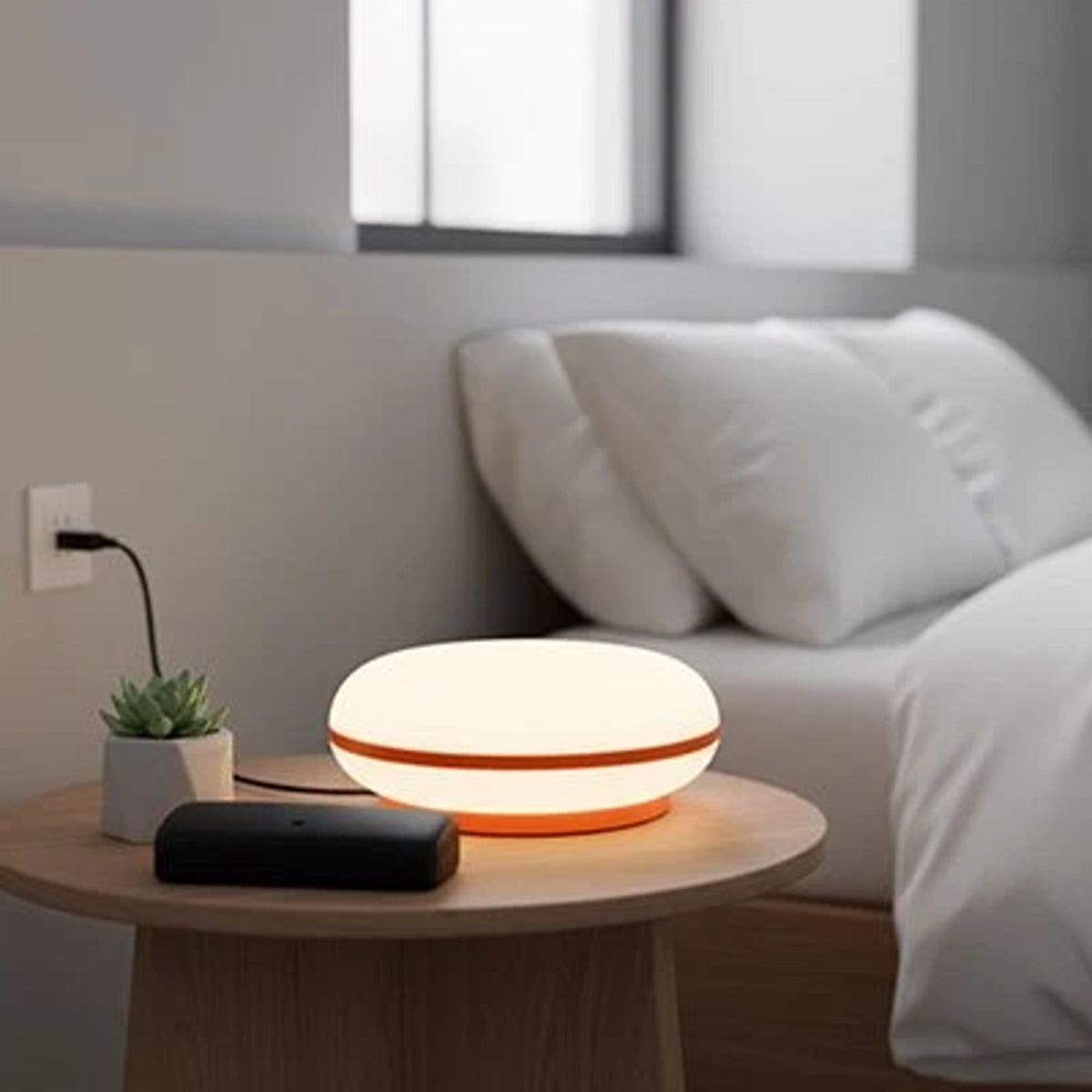 Lampe de chevet design ovale blanche et orange près du lit