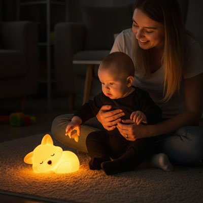 Maman et enfant avec veilleuse renard rechargeable USB lumière douce nuit 