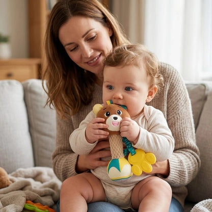 Maman qui tient son bébé sur les genoux pendant qu'il découvre son hochet en tissu