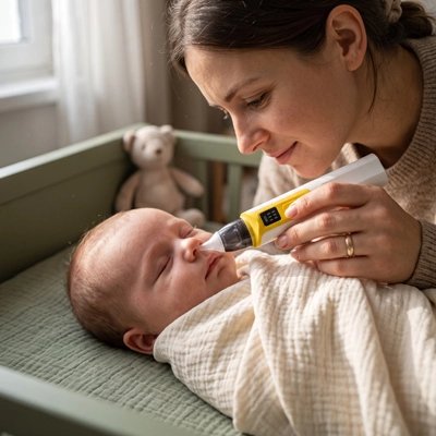 Maman tenant bébé emmailloté pendant l'utilisation de la mouche bébé électronique