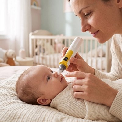 Maman utilisant la mouche bébé électronique sur bébé installé dans son lit