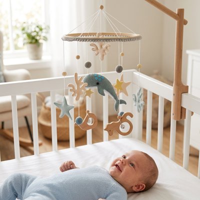 Mobile bébé musical bois naturel éveil naissance - Bébé Petit Nuage