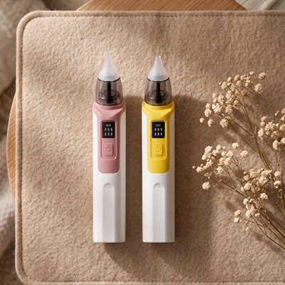 Mouche bébé électronique Bébé Petit Nuage, coloris rose et jaune, posée sur un tissu beige