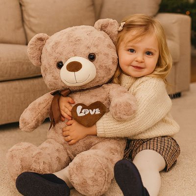 Petite fille serrant un grand ours en peluche doux géant avec cœur Love, cadeau enfant naissance