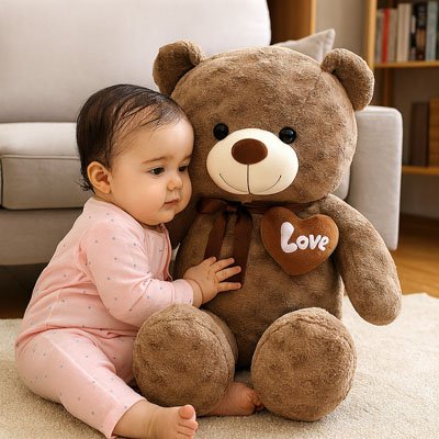 Bébé en pyjama rose assis contre un grand ours en peluche géant doux avec cœur Love, cadeau naissance