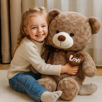 Petite fille souriante serrant un ours en peluche géant ultra-doux avec cœur Love, idéal cadeau naissance