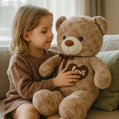 Petite fille sur un canapé serrant un ours en peluche doux coton certifié Oeko-Tex avec cœur Love