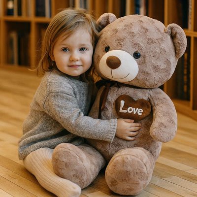 Petite fille souriante serrant un ours en peluche géant ultra-doux avec cœur Love, cadeau enfant