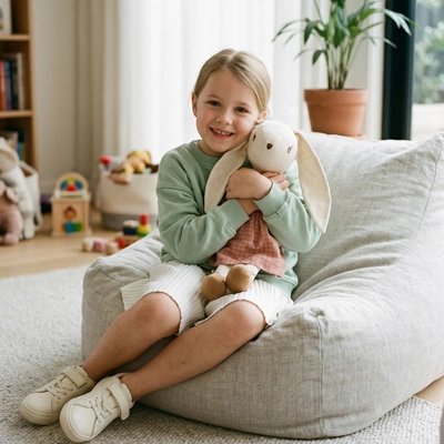 Poupée lapin déco assise dans une chambre