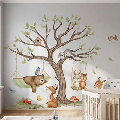 Sticker mural arbre animaux aquarelle chambre bébé - Bébé Petit Nuage