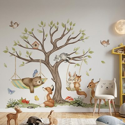 Stickers muraux arbre avec balançoires et animaux pour chambre bébé - Bébé Petit Nuage