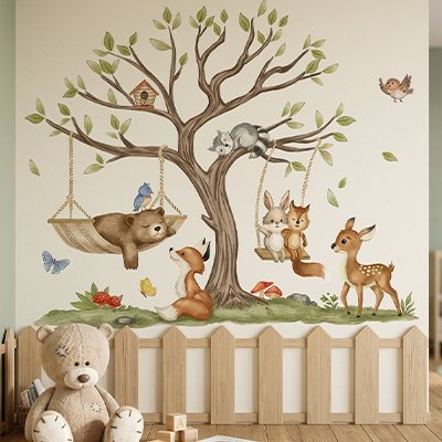 Stickers muraux arbre forêt avec lapin et oiseaux pour bébé - Bébé Petit Nuage