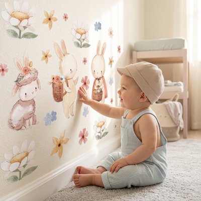 Stickers muraux bébé lapin renard fleurs aquarelle - Bébé Petit Nuage