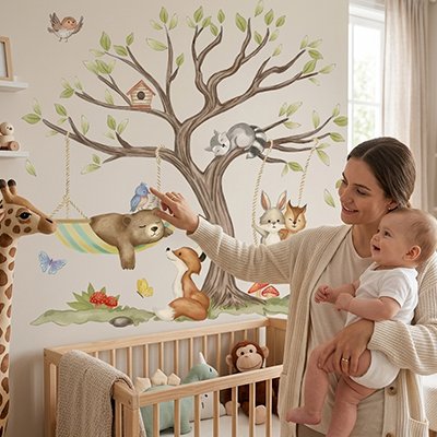 Stickers muraux chambre bébé grand arbre animaux de la forêt - Bébé Petit Nuage