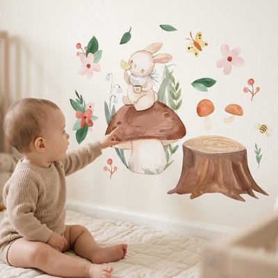 Stickers muraux chambre bébé lapin et champignon forêt - Bébé Petit Nuage