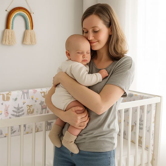 Maman tenant son nouveau-né dans les bras devant un lit avec tour de lit coton doux motif forêt