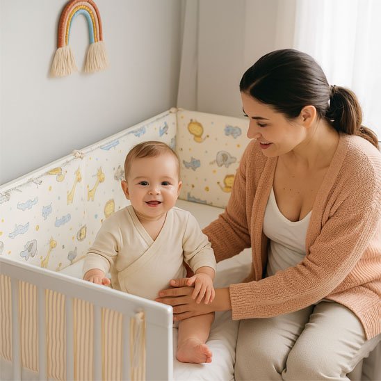 Maman souriante avec son bébé assis dans un lit à barreaux avec tour de lit facile à installer motif animaux