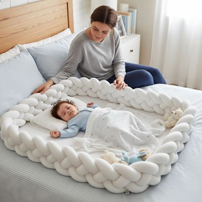 Maman veillant sur son bébé endormi dans une grande tresse de lit blanche en coton effet cabane