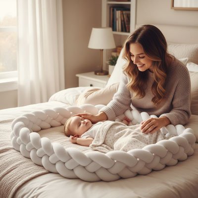 Maman souriante veillant sur son bébé endormi dans une tresse de lit blanche en coton doux tressé
