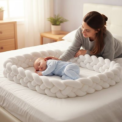 Maman penchée sur son nouveau-né endormi dans une tresse de lit blanche en coton doux, effet nid douillet
