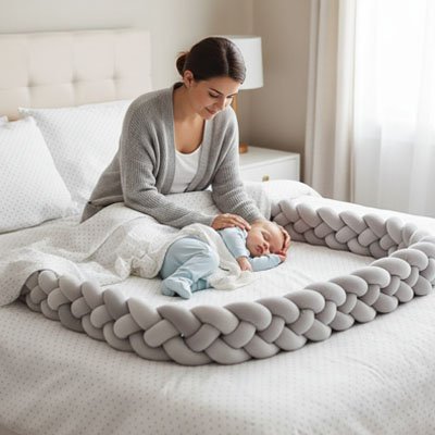 Maman regardant tendrement son bébé allongé sur une tresse de lit en coton doux gris tressé
