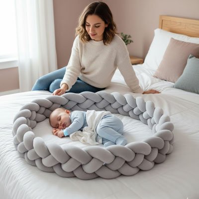 Maman veillant sur son bébé endormi dans une tresse de lit ronde grise en coton doux, nid douillet naissance